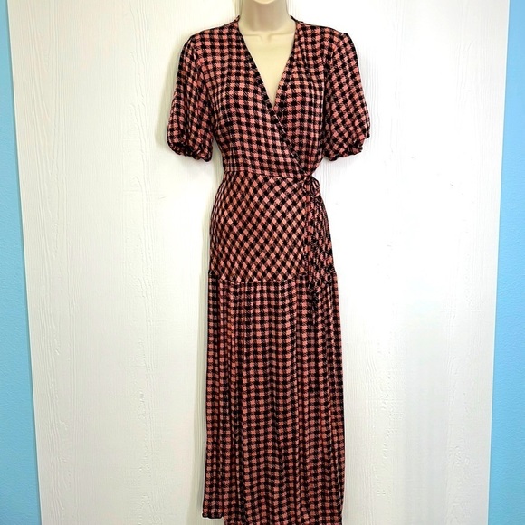TopShop - Pink And Black Gingham Plaid Wrap Short Sleeve Maxi Dress Size 6 - Picture 1 of 13